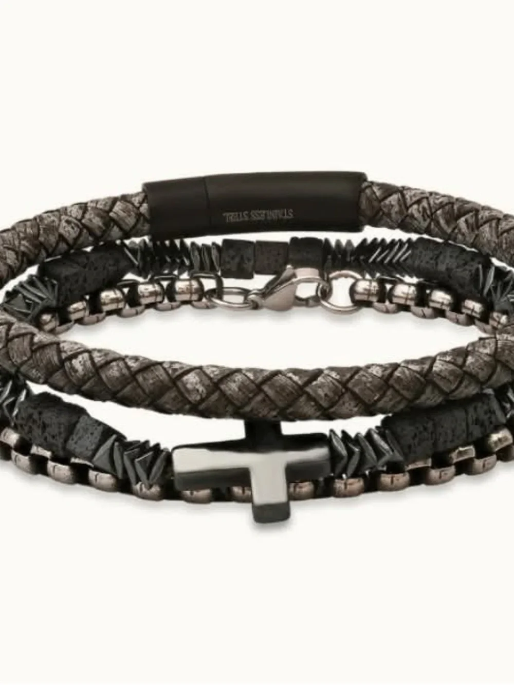 NWOT Gray Braided Leather/Black Ip Stainless Steel, Stainless Steel Round Link